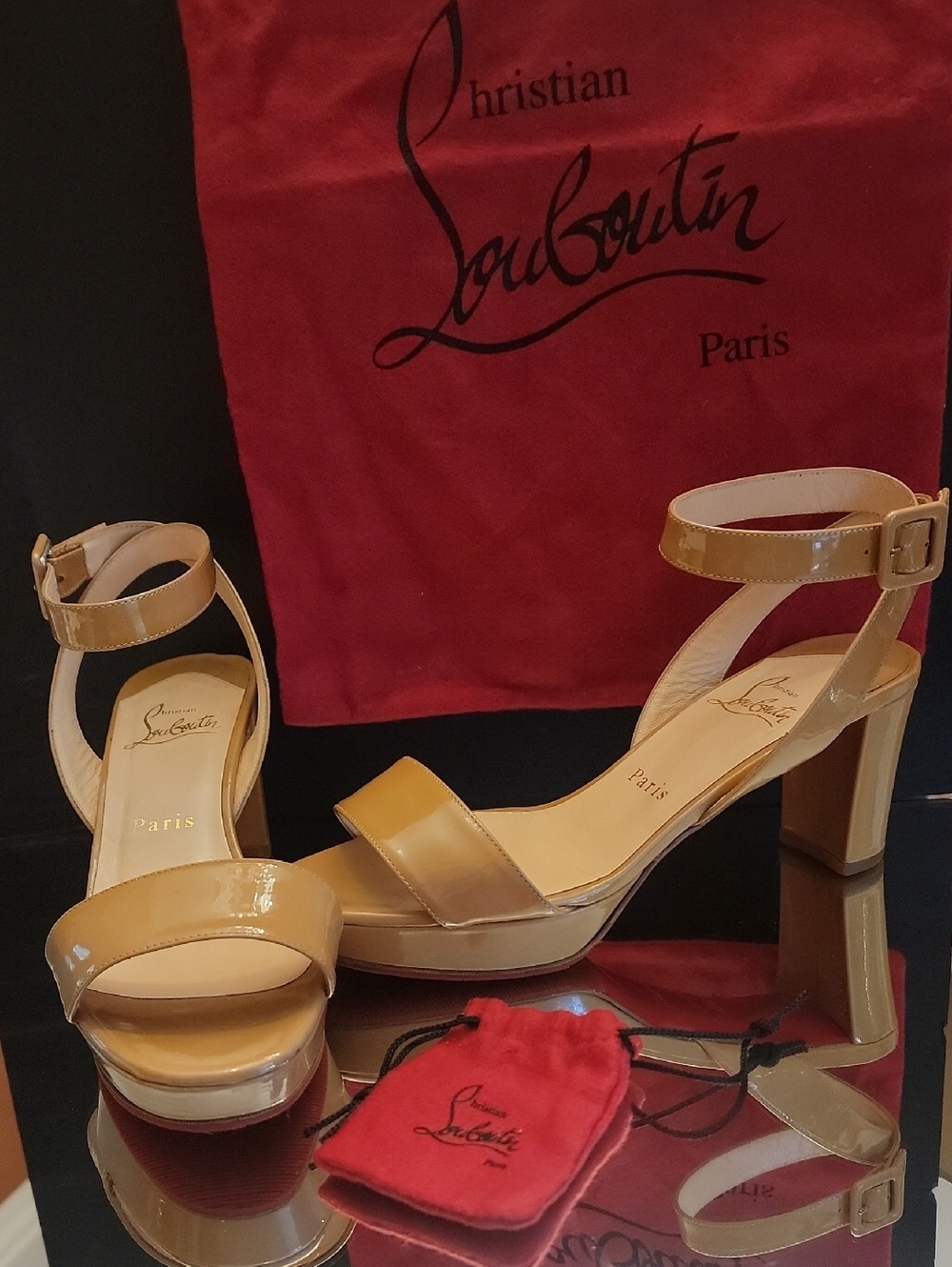 Christian Louboutins Tan Patent Leather Cherrysandles 36.5 3in Heels